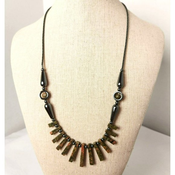 Vintage Unakite Tabs Strung on Pewter Tone Beads 22 inches Long - Picture 8 of 11